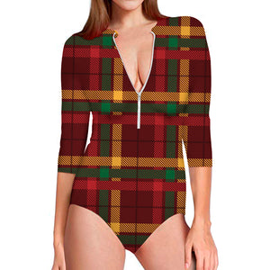 Red Green And Yellow Stewart Print Long Sleeve Swimsuit