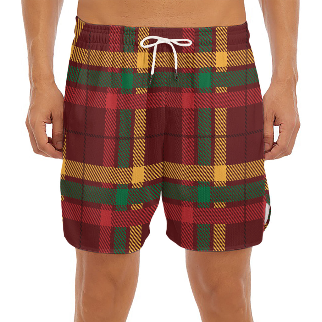 Red Green And Yellow Stewart Print Men's Split Running Shorts