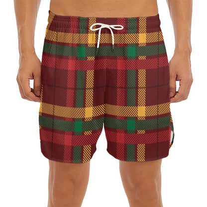Red Green And Yellow Stewart Print Men's Split Running Shorts
