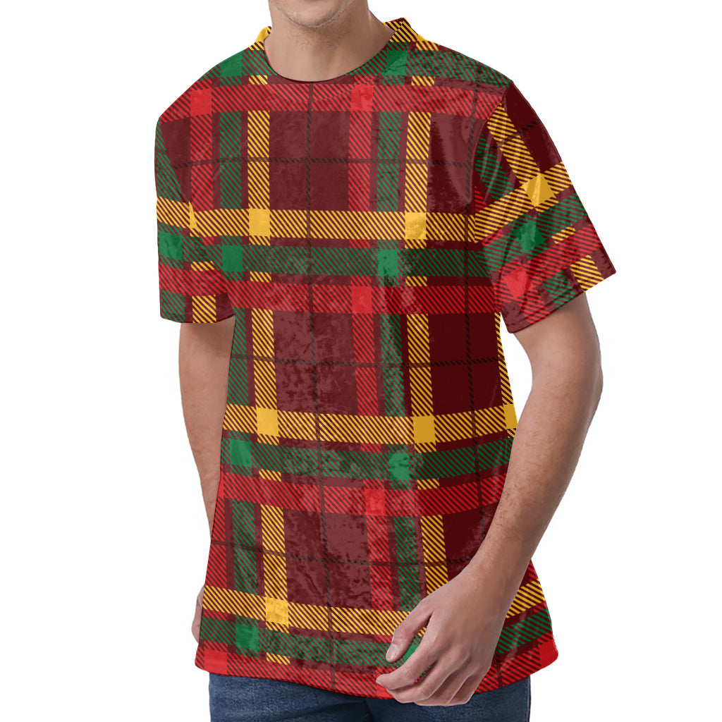 Red Green And Yellow Stewart Print Men's Velvet T-Shirt