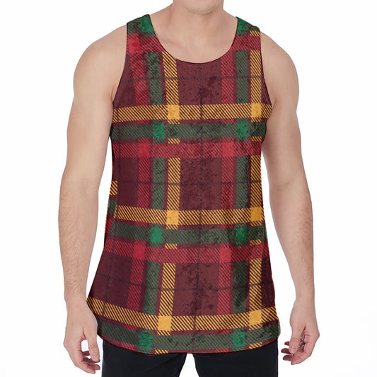 Red Green And Yellow Stewart Print Men's Velvet Tank Top