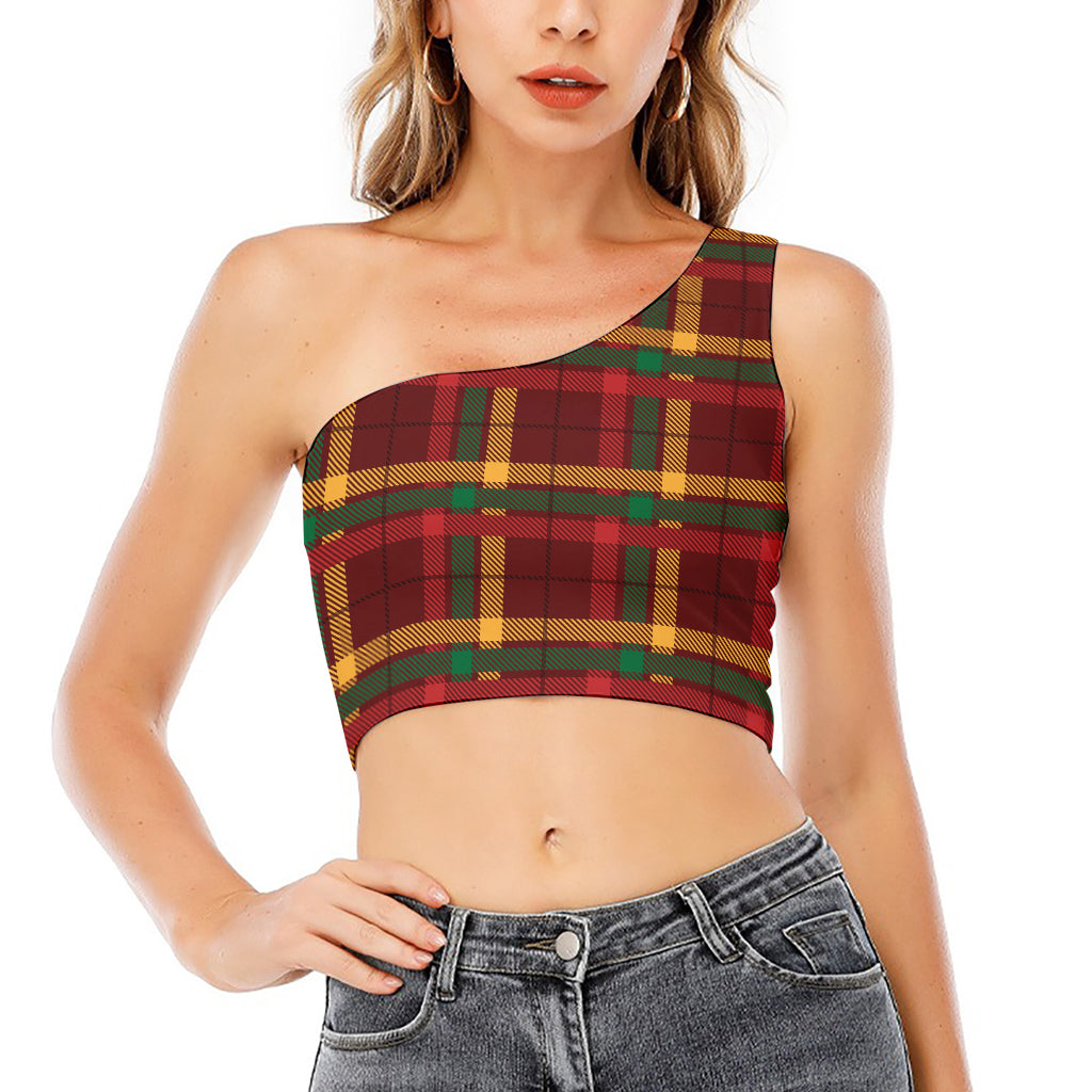 Red Green And Yellow Stewart Print One Shoulder Crop Top