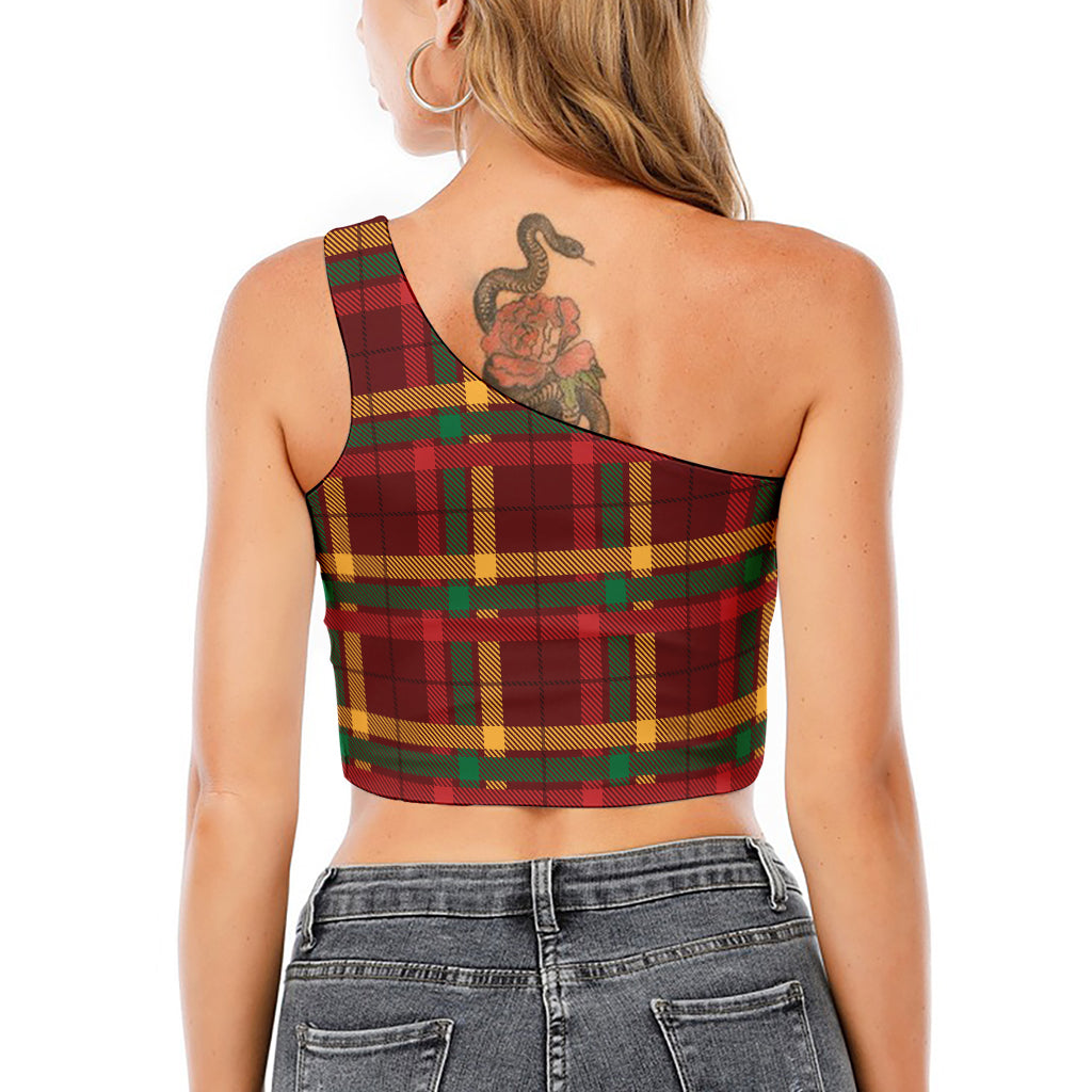 Red Green And Yellow Stewart Print One Shoulder Crop Top
