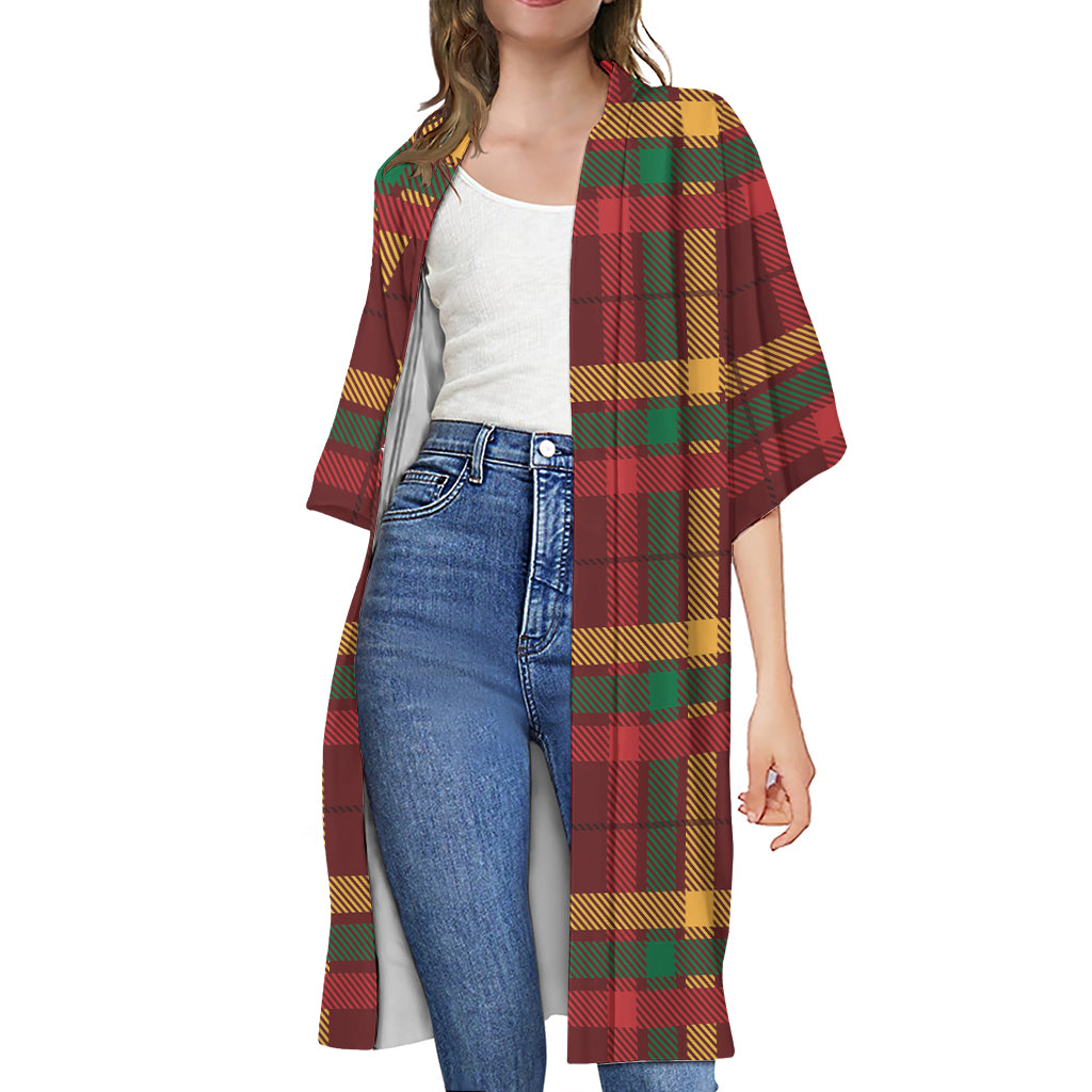 Red Green And Yellow Stewart Print Open Front Beach Cover Up