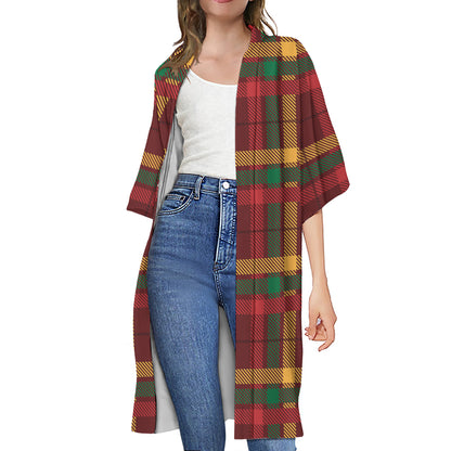 Red Green And Yellow Stewart Print Open Front Beach Cover Up