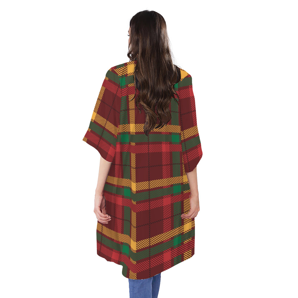 Red Green And Yellow Stewart Print Open Front Beach Cover Up
