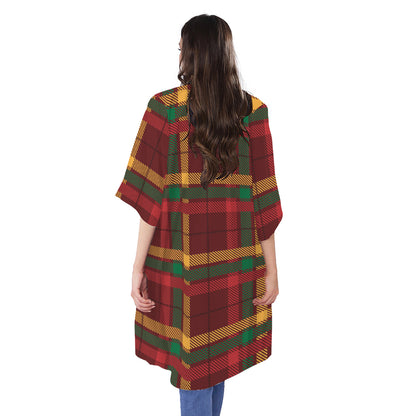 Red Green And Yellow Stewart Print Open Front Beach Cover Up