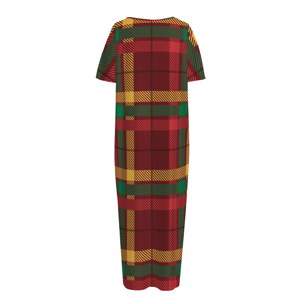 Red Green And Yellow Stewart Print Short Sleeve Long Nightdress