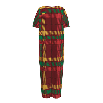 Red Green And Yellow Stewart Print Short Sleeve Long Nightdress