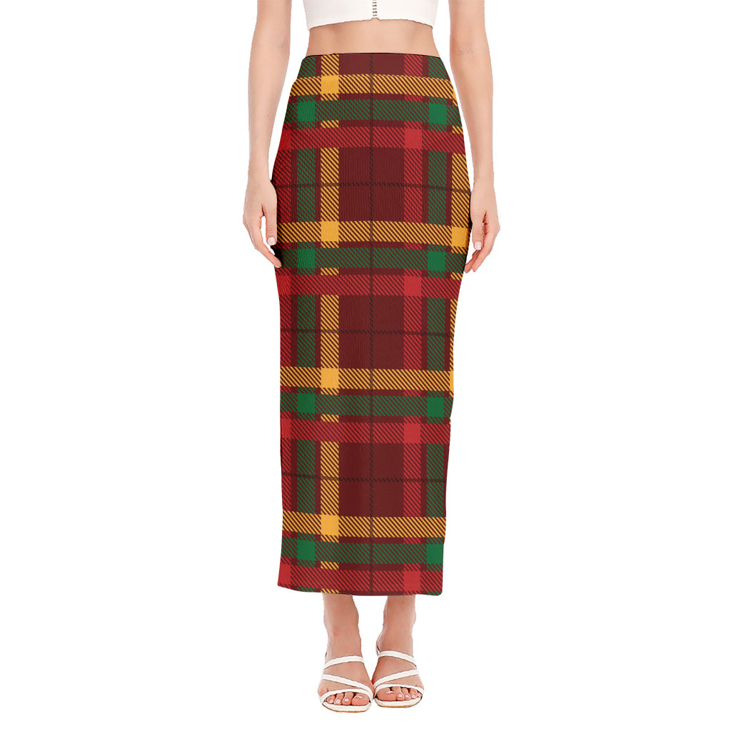 Red Green And Yellow Stewart Print Side Slit Maxi Skirt