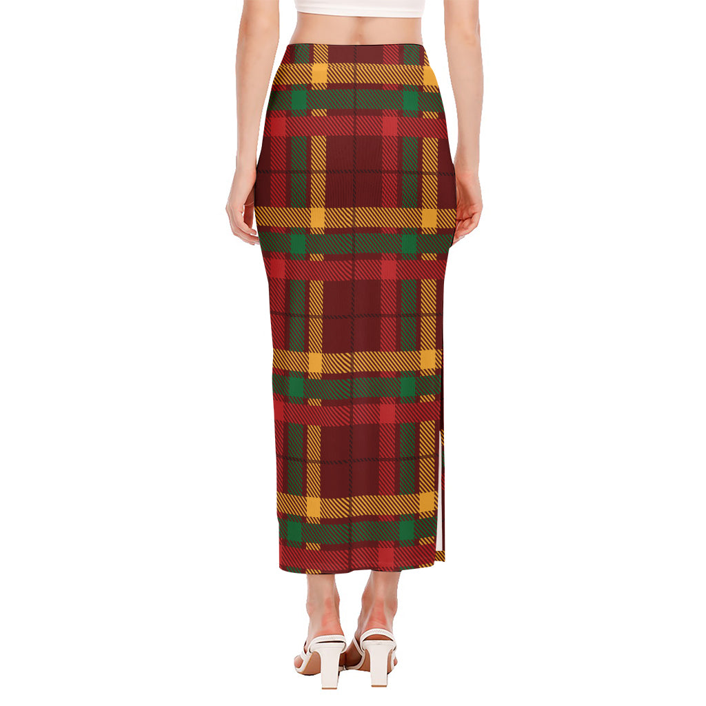 Red Green And Yellow Stewart Print Side Slit Maxi Skirt