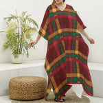 Red Green And Yellow Stewart Print Silk V-Neck Kaftan Dress