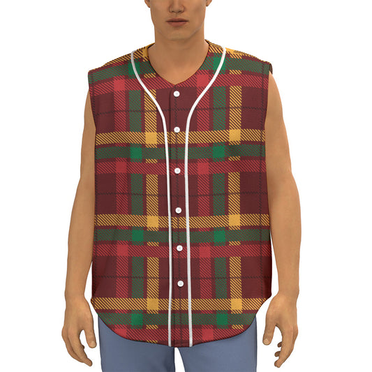 Red Green And Yellow Stewart Print Sleeveless Baseball Jersey