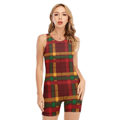 Red Green And Yellow Stewart Print Sleeveless One Piece Swimsuit