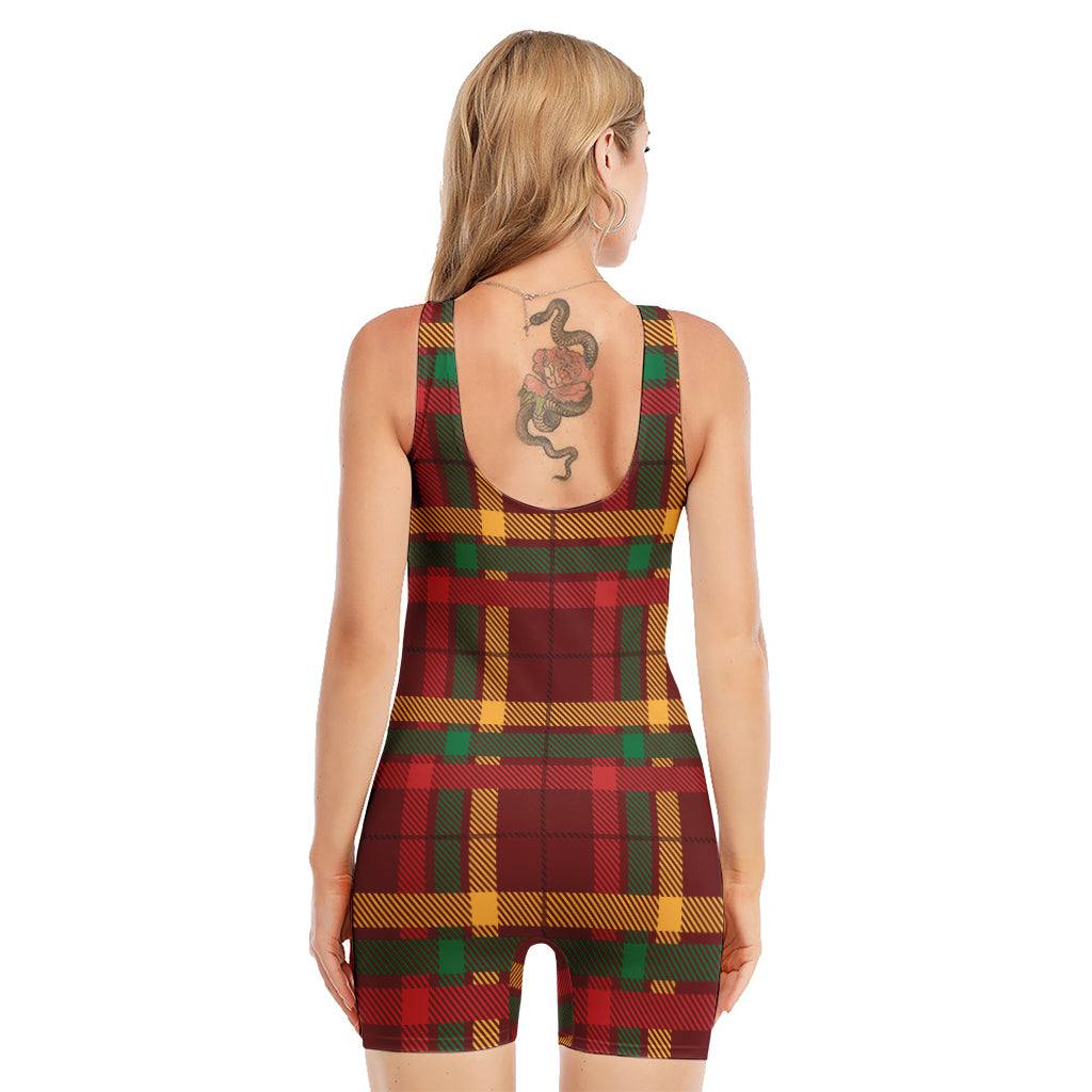 Red Green And Yellow Stewart Print Sleeveless One Piece Swimsuit