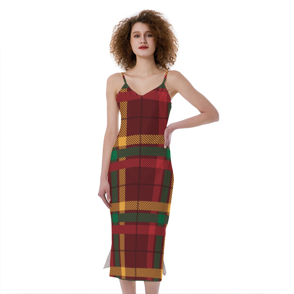 Red Green And Yellow Stewart Print Slim Fit Midi Cami Dress