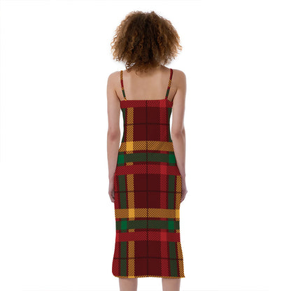 Red Green And Yellow Stewart Print Slim Fit Midi Cami Dress