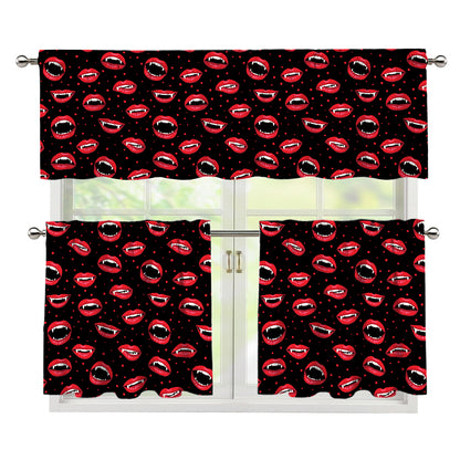 Red Halloween Vampire Lips Pattern Print 3 Piece Kitchen Curtains