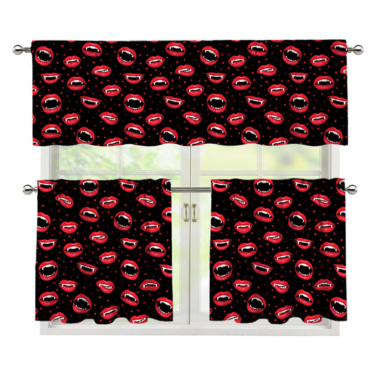 Red Halloween Vampire Lips Pattern Print 3 Piece Kitchen Curtains