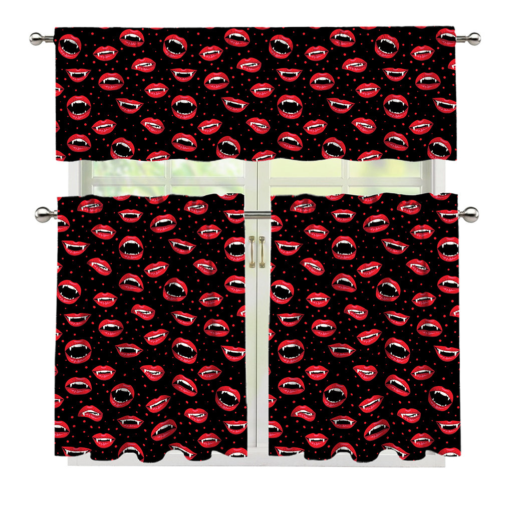 Red Halloween Vampire Lips Pattern Print 3 Piece Kitchen Curtains