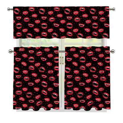Red Halloween Vampire Lips Pattern Print 3 Piece Kitchen Curtains