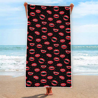 Red Halloween Vampire Lips Pattern Print Beach Towel