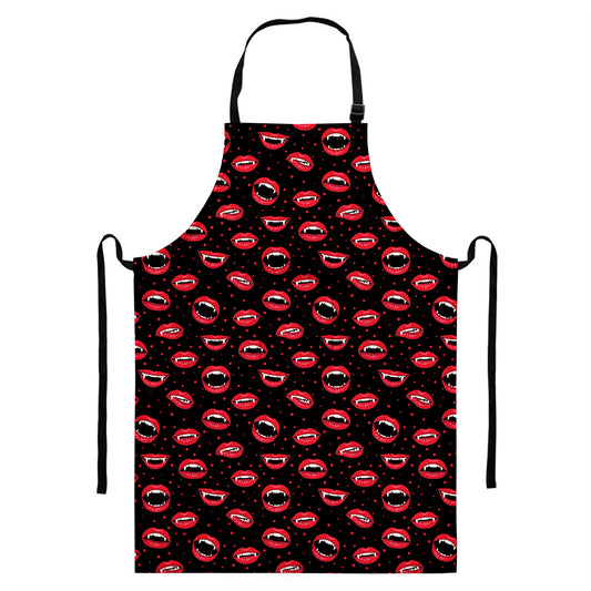 Red Halloween Vampire Lips Pattern Print Bib Apron With Pocket