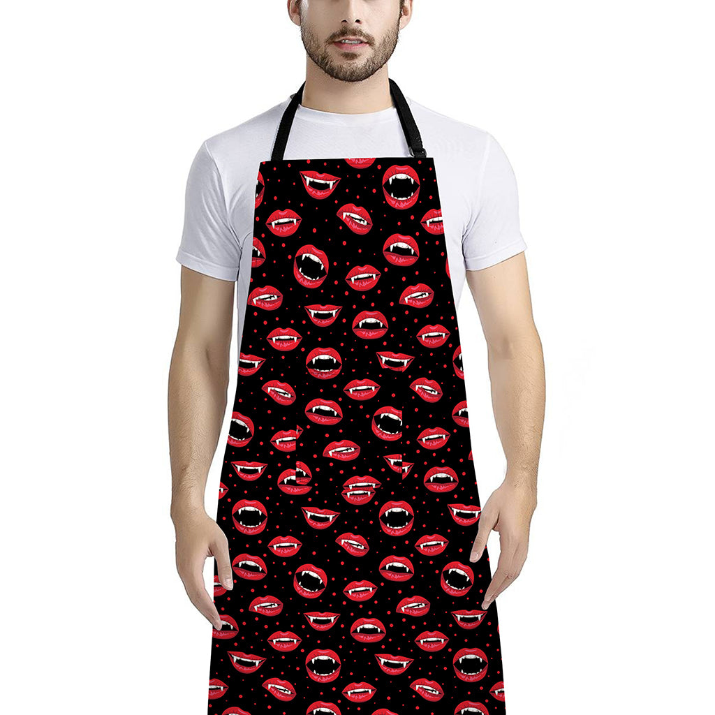Red Halloween Vampire Lips Pattern Print Bib Apron With Pocket