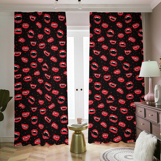 Red Halloween Vampire Lips Pattern Print Blackout Pencil Pleat Curtains