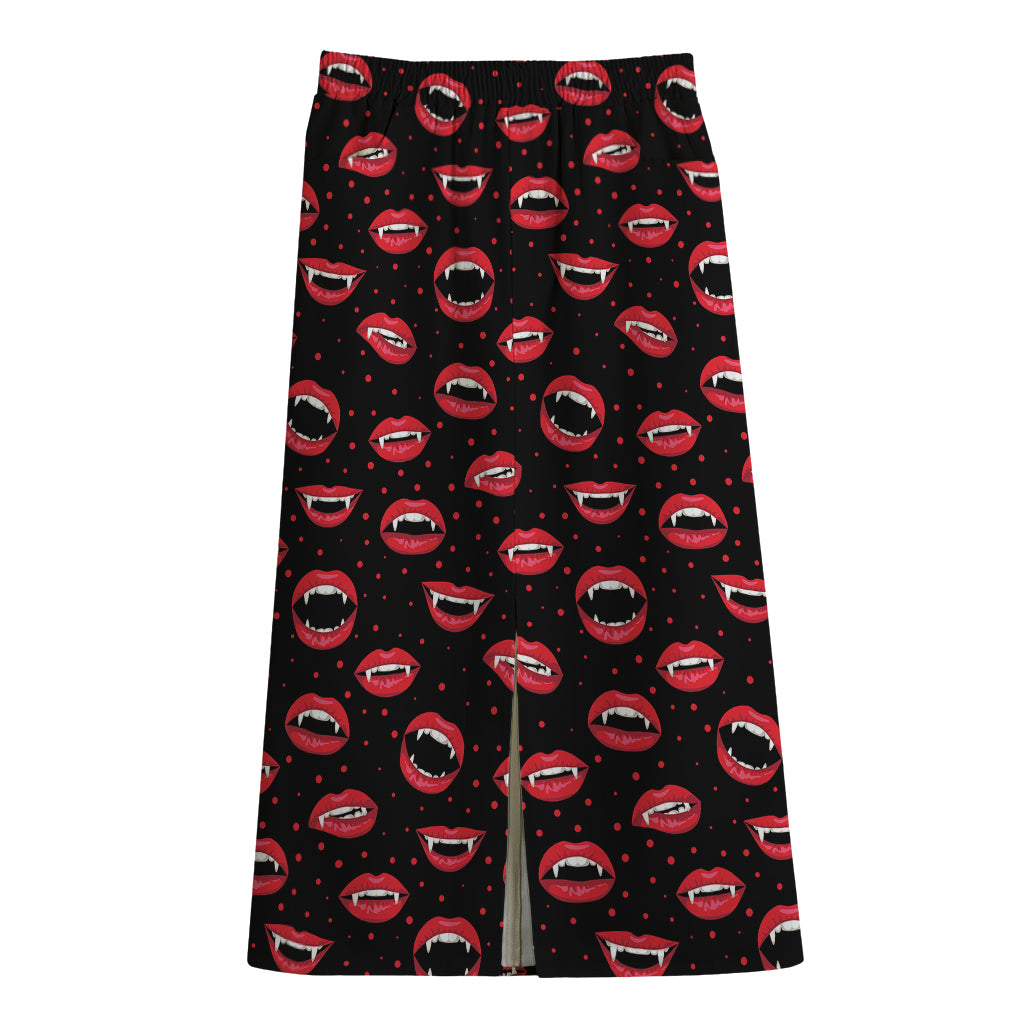 Red Halloween Vampire Lips Pattern Print Cotton Front Slit Maxi Skirt