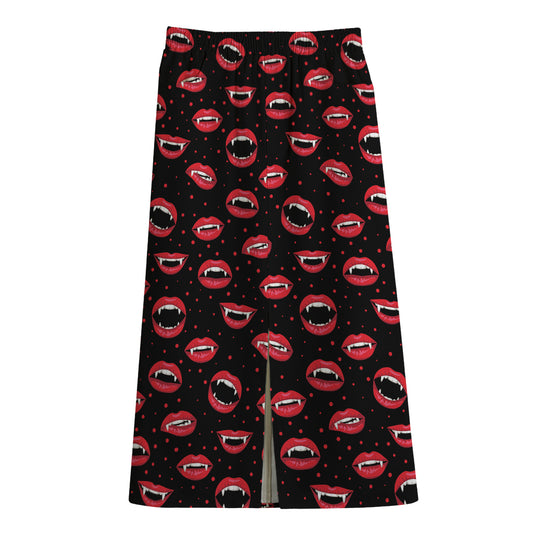 Red Halloween Vampire Lips Pattern Print Cotton Front Slit Maxi Skirt