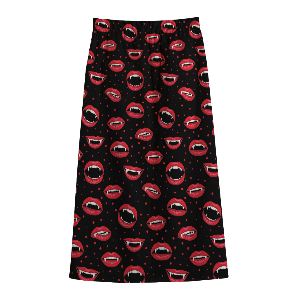 Red Halloween Vampire Lips Pattern Print Cotton Front Slit Maxi Skirt