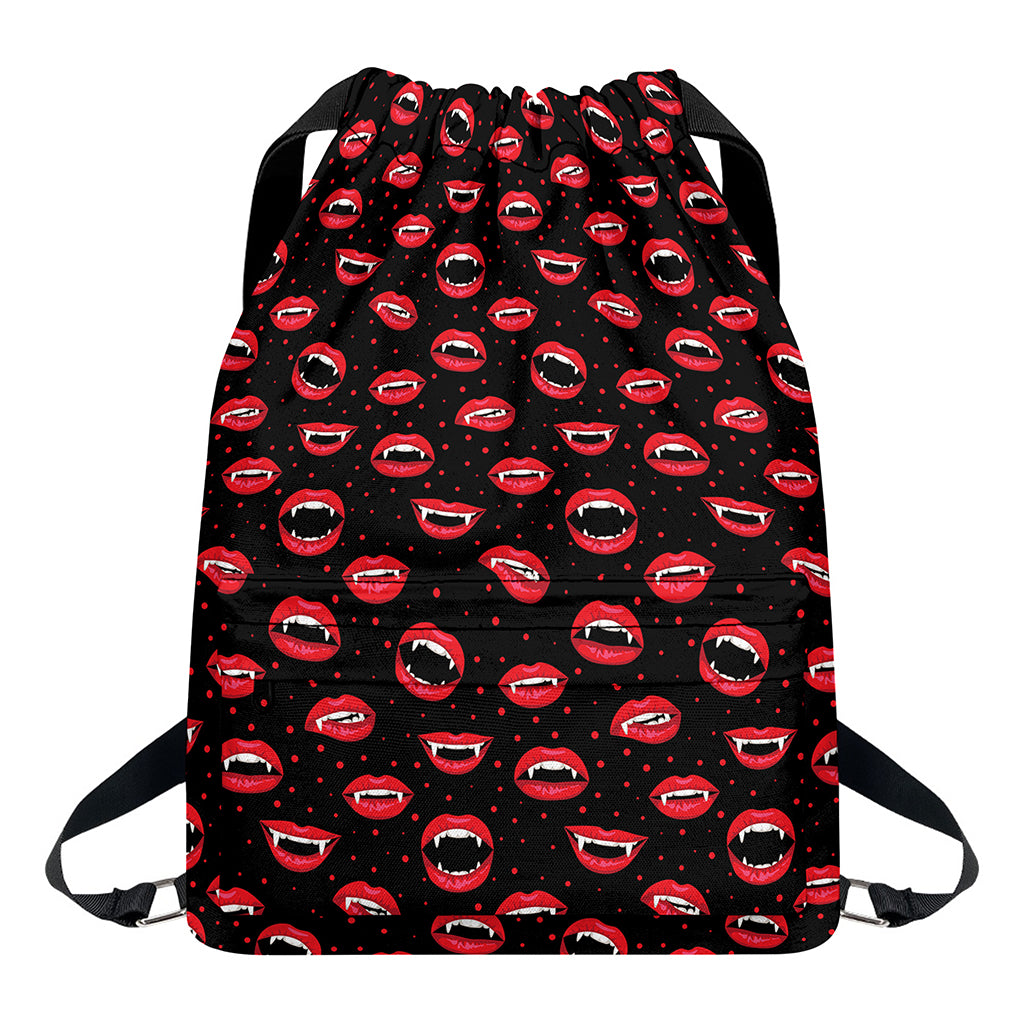 Red Halloween Vampire Lips Pattern Print Drawstring Backpack