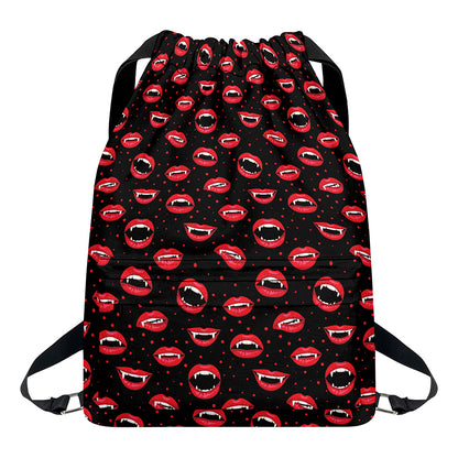 Red Halloween Vampire Lips Pattern Print Drawstring Backpack