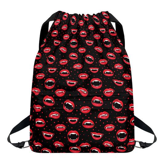 Red Halloween Vampire Lips Pattern Print Drawstring Backpack
