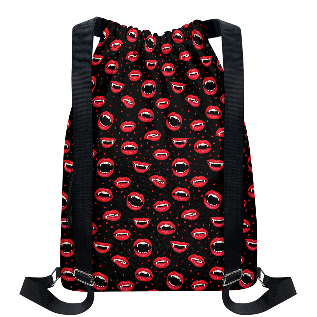 Red Halloween Vampire Lips Pattern Print Drawstring Backpack