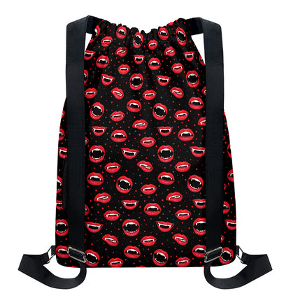 Red Halloween Vampire Lips Pattern Print Drawstring Backpack