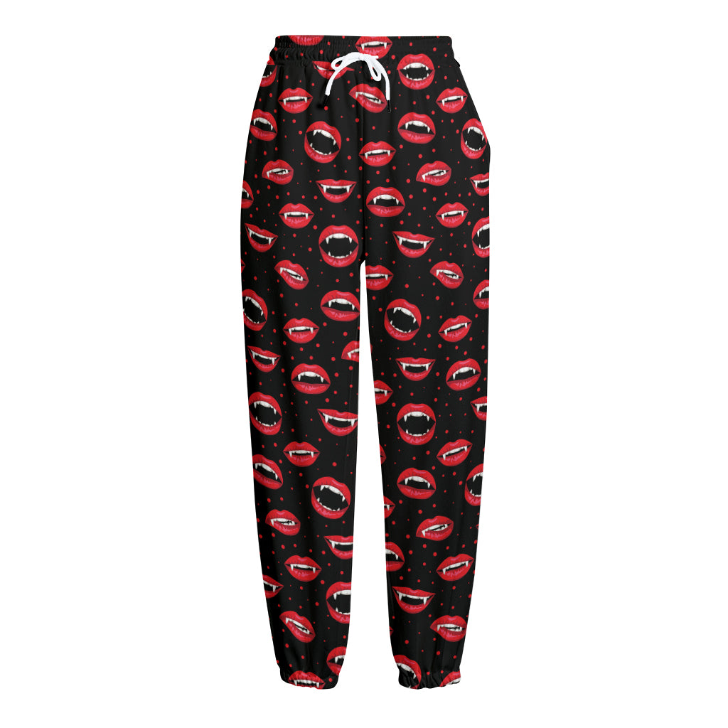 Red Halloween Vampire Lips Pattern Print Fleece Lined Knit Pants