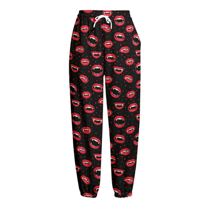 Red Halloween Vampire Lips Pattern Print Fleece Lined Knit Pants