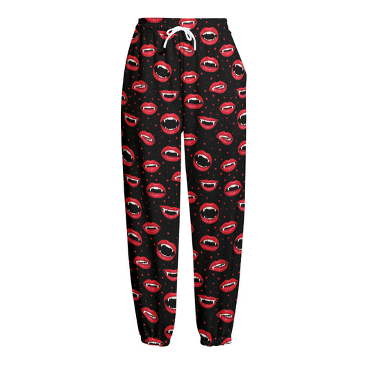Red Halloween Vampire Lips Pattern Print Fleece Lined Knit Pants