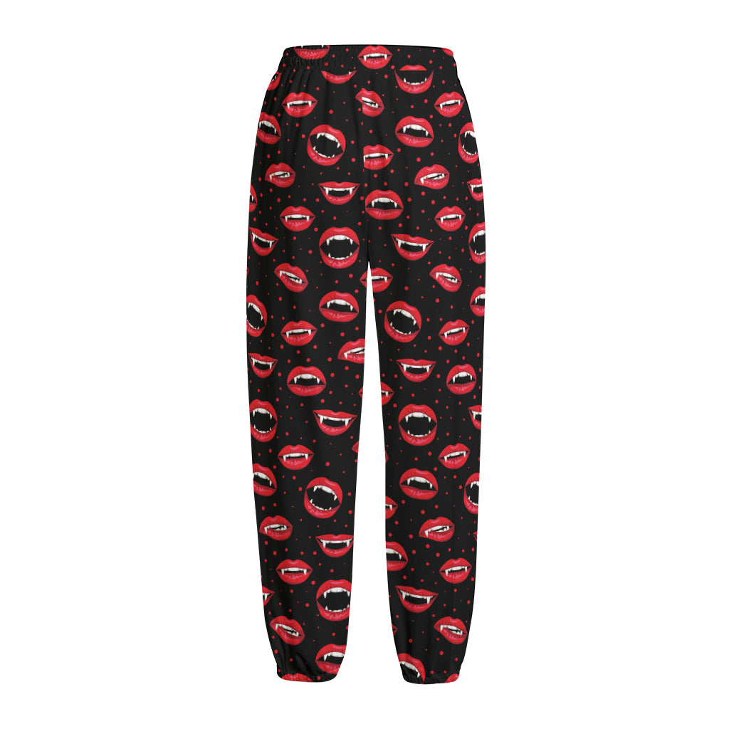 Red Halloween Vampire Lips Pattern Print Fleece Lined Knit Pants