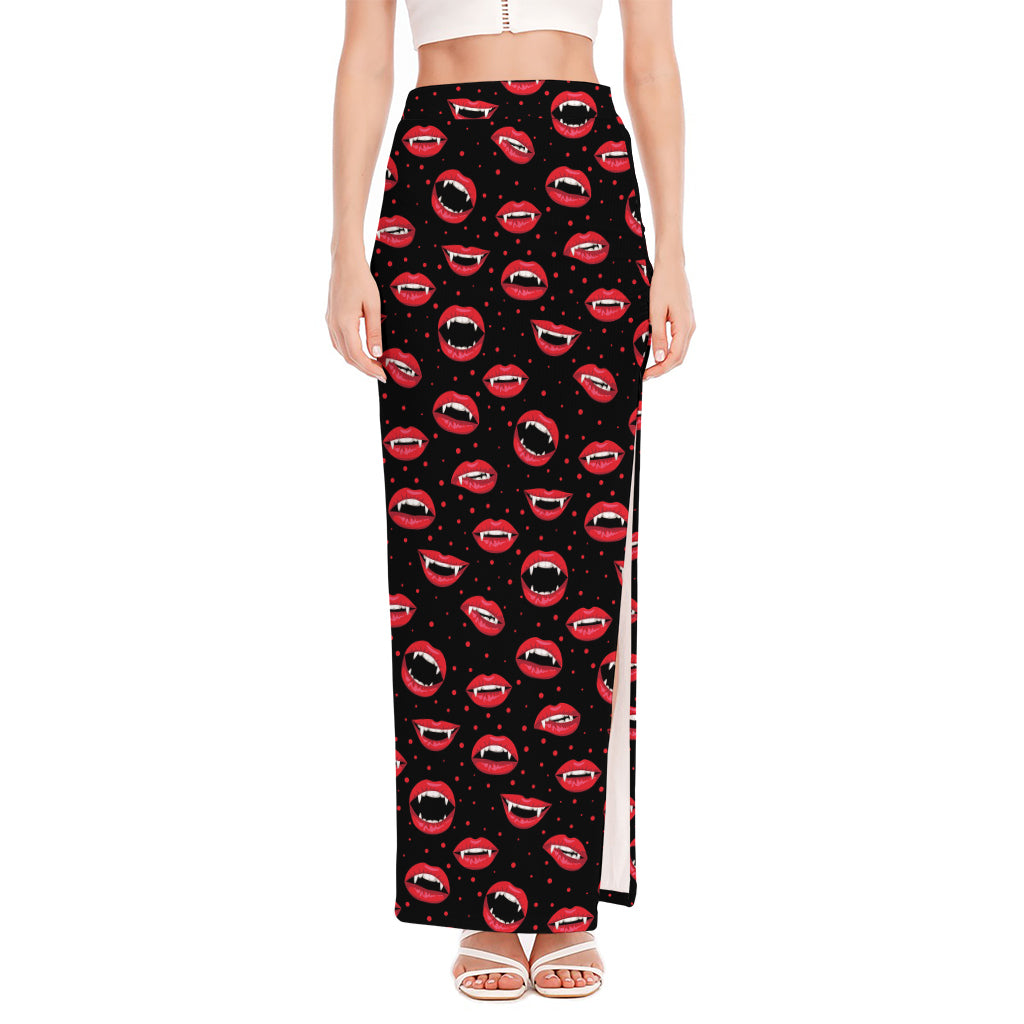 Red Halloween Vampire Lips Pattern Print High Slit Maxi Skirt