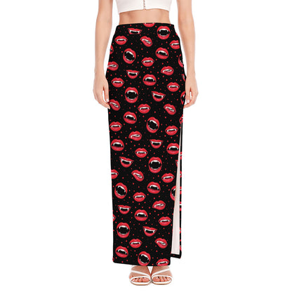 Red Halloween Vampire Lips Pattern Print High Slit Maxi Skirt