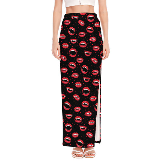 Red Halloween Vampire Lips Pattern Print High Slit Maxi Skirt