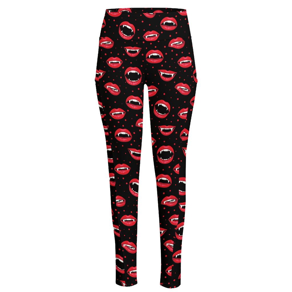 Red Halloween Vampire Lips Pattern Print High-Waisted Pocket Leggings