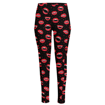 Red Halloween Vampire Lips Pattern Print High-Waisted Pocket Leggings