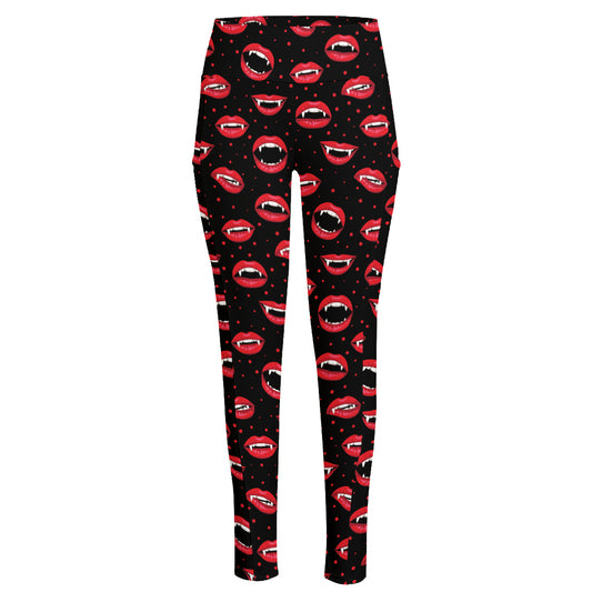 Red Halloween Vampire Lips Pattern Print High-Waisted Pocket Leggings