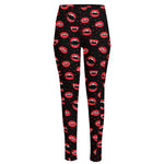 Red Halloween Vampire Lips Pattern Print High-Waisted Pocket Leggings