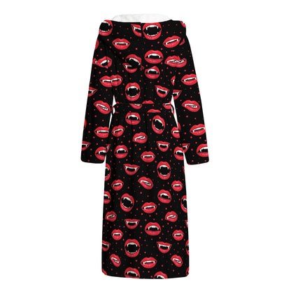 Red Halloween Vampire Lips Pattern Print Hooded Bathrobe