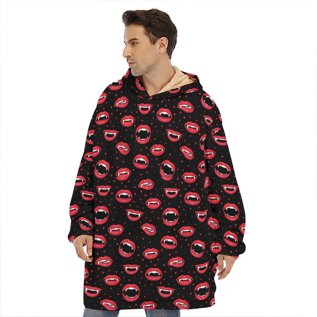 Red Halloween Vampire Lips Pattern Print Hoodie Blanket